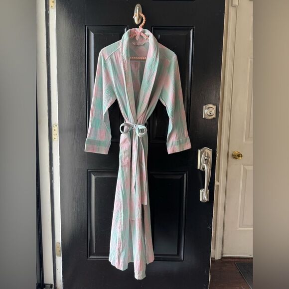 House of Japan Pastel Pink Blue Cotton Linen Blend Robe Size S/M - Picture 1 of 16